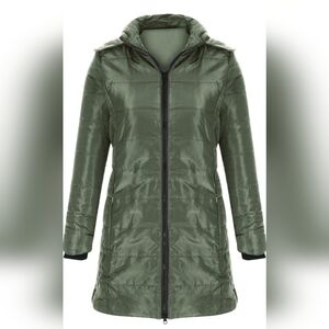 Womens Long Quilted Jacket Lightweight Hooded Puffer Coat SMALL Army Green